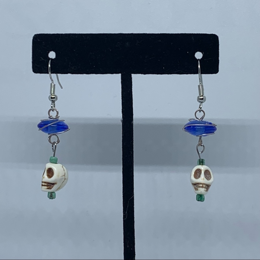 White Howlite Skull Blue Beaded Earrings